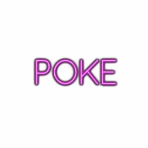 Neon purple "POKE" text with glowing effect on white.