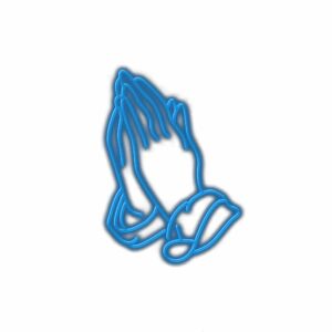 Neon blue prayer hands illustration.