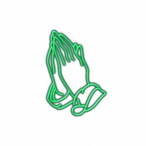 Neon sign of hands in prayer position.