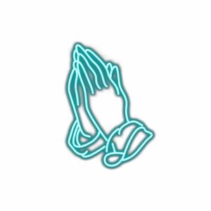 Neon outline praying hands illustration.