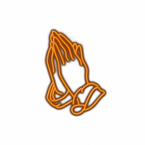 Neon sign of praying hands illustration.