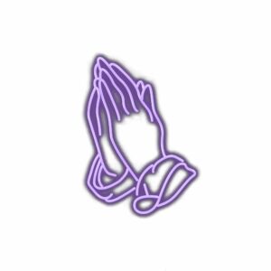 Purple outlined drawing of hands in prayer.