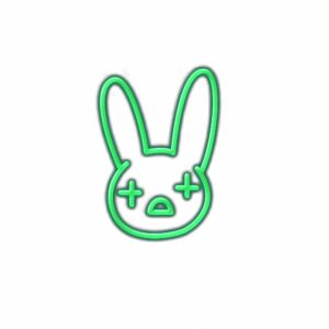 Neon green bunny sign on white background.