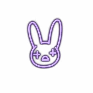 Neon purple rabbit sign with white background.