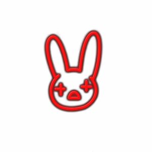 Neon red bunny face outline graphic.