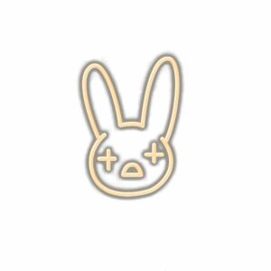 Neon bunny face sign, modern wall decor.