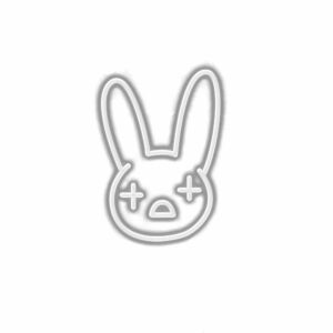 White neon rabbit sign with expressionless face.