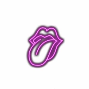 Neon pink glowing lips sign on white background.