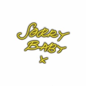 Neon sign text "Sorry Baby" with heart and shadow.