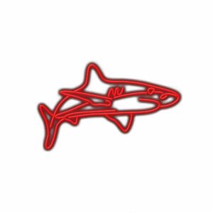 Red neon shark sign on white background.