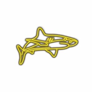 Neon yellow shark outline on white background.