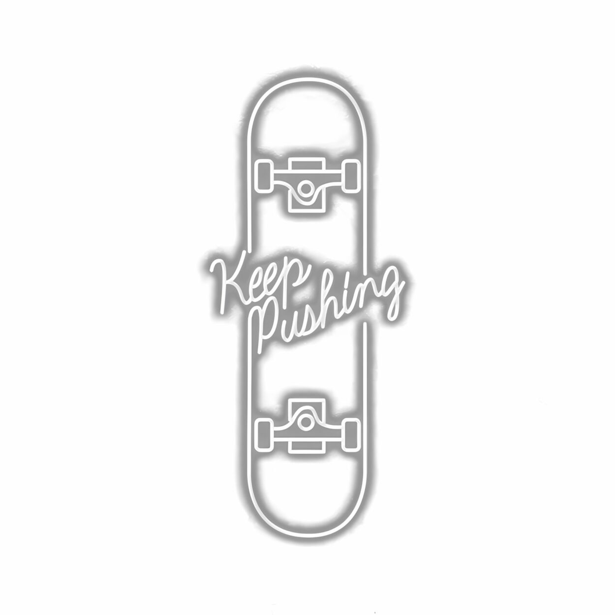 Inspirational skateboard graphic "Keep Pushing" text.