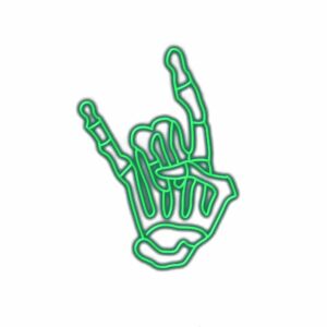 Neon green hand sign for rock and roll.