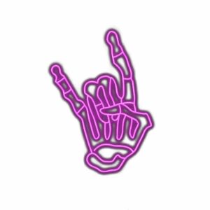 Neon pink rock on hand gesture sign.