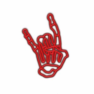 Red neon sign of rock on hand gesture