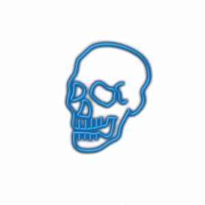 Neon blue skull outline on white background.