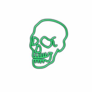 Neon green skull outline on white background.