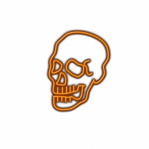 Neon orange skull outline on white background