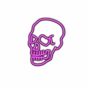 Neon purple skull outline on white background.