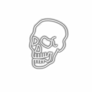 Neon-style skull sign on white background.