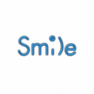 Stylized blue text saying "Smile" with smiley face dot.