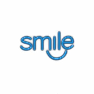 Blue neon "smile" text with smiley face.
