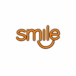 Orange neon sign spelling 'smile' with smiley face.