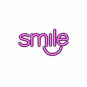 Neon pink "smile" text with smiley face design.