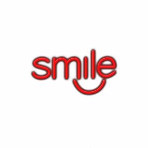 Red "smile" text stylized as smiling face.