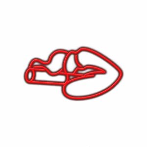 Red neon Formula One race car outline.