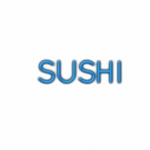 Stylized blue "SUSHI" word text illustration.