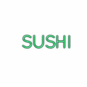 Neon green "SUSHI" sign text on white background.
