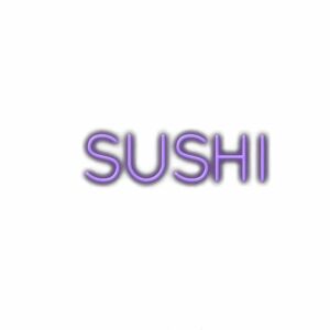 3D purple text spelling "SUSHI" on white background.