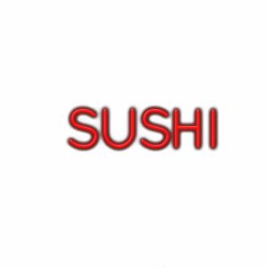 Red neon sign text reading "SUSHI" on white background.