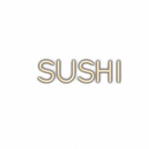 Embossed text spelling "SUSHI" on white background.