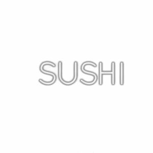 Embossed "SUSHI" text in modern font on white background.