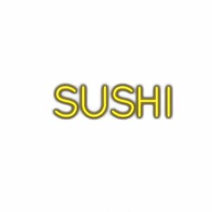 Neon-style "SUSHI" sign text with glowing effect