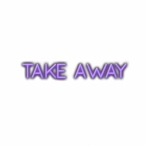 3D purple text saying TAKE AWAY on white background