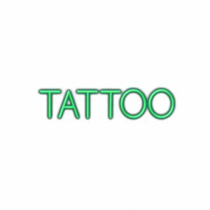 Neon green "TATTOO" sign text on white background.