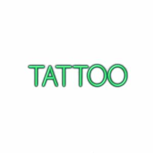 Neon green "TATTOO" sign on white background.