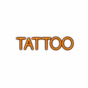 Orange 3D "TATTOO" text on white background.