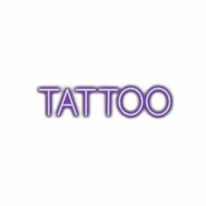 Purple 3D "TATTOO" text, shadowed, on white background.