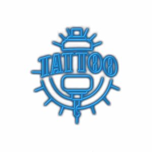 Blue neon text "TATTOO" with circular design.