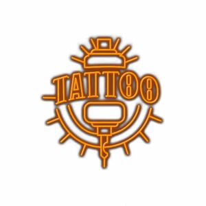 Orange tattoo machine emblem, "TATTOO" text, stylized graphic.