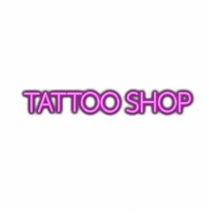 Neon "Tattoo Shop" sign in purple letterSpacing.