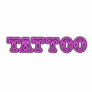 Stylized purple "TATTOO" text graphic design.