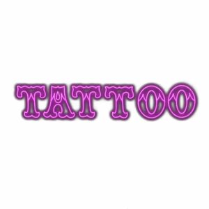 Stylized purple "TATTOO" text with shadow effect.