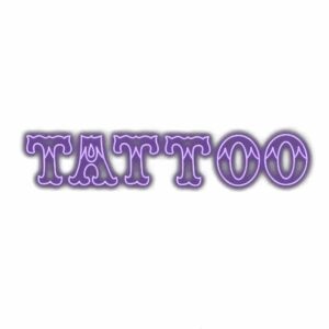 Purple "TATTOO" text, artistic font, white background.