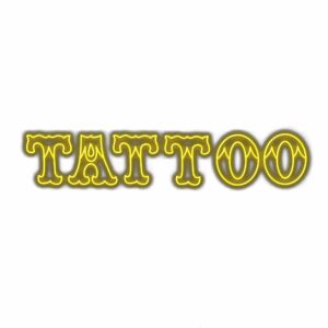 Golden "TATTOO" text with shadow effect.