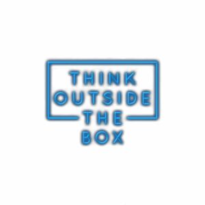 Think outside the box" motivational graphic text.